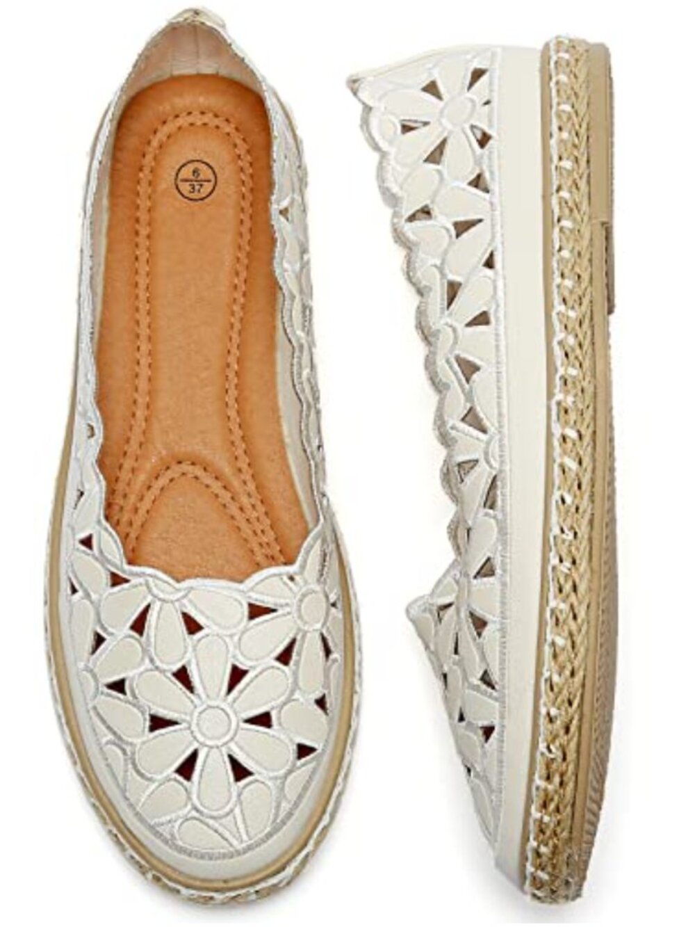 Faux Leather Slip On Ballet Flats With Daisy Cut Outs Breathable Walking Shoes